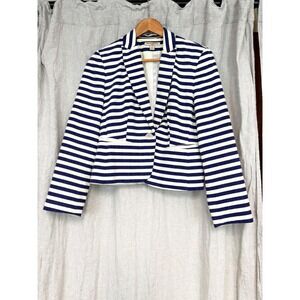 Sharagano Noir Womens Blue White Striped Single Button Blazer Jacket Size 8